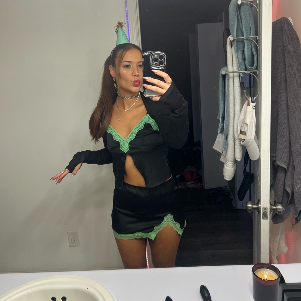 Edikted Lacey satin mini skirt with green lace trim